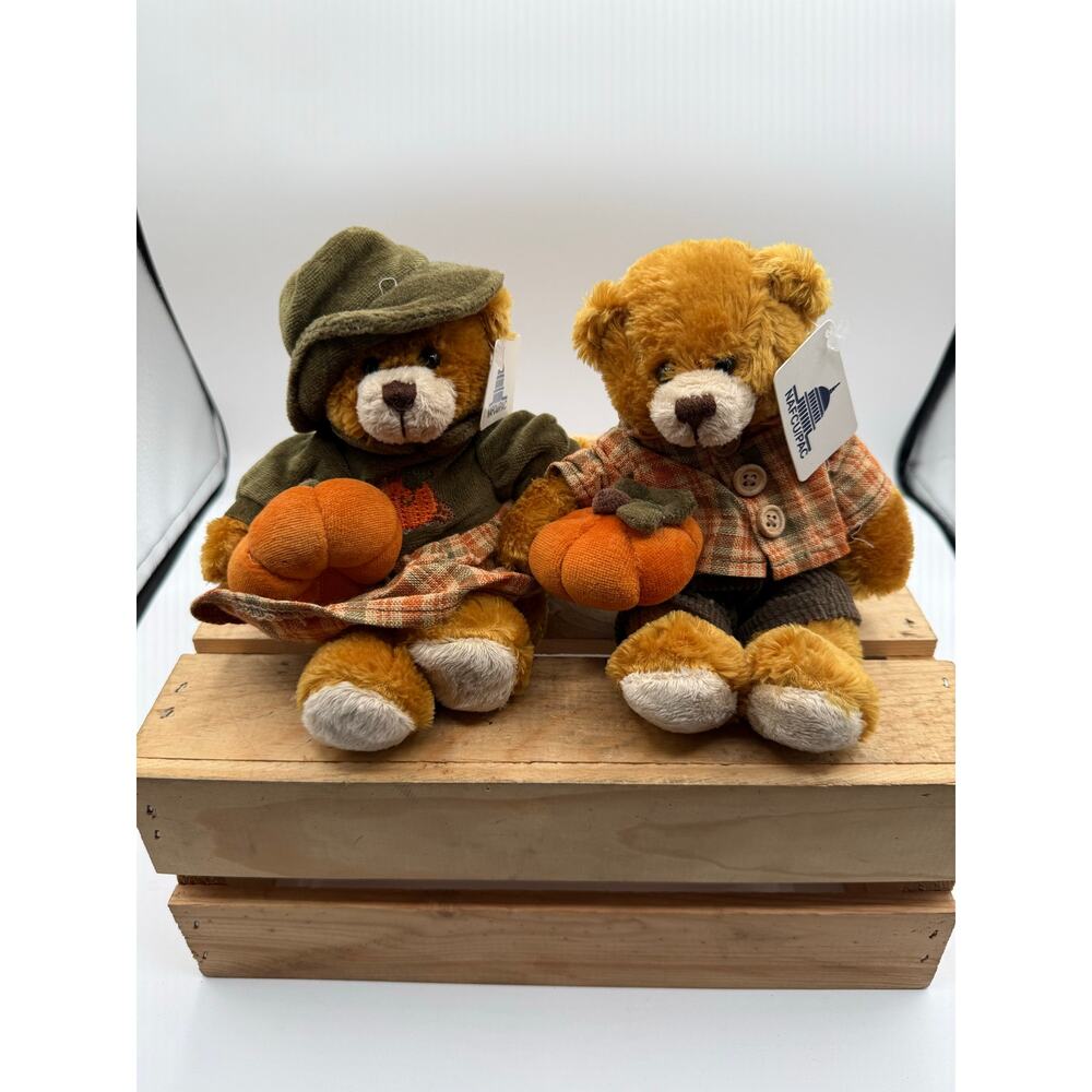 Plushland Autumn Thanksgiving Teddy Bears Pair Pumpkin-NAFCU/PAC Promotional-8"⁠